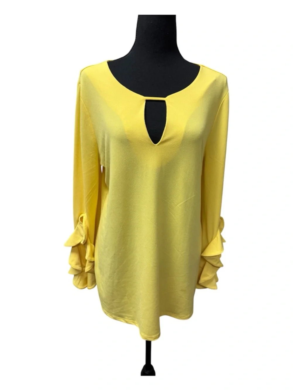 Melissa Paige Yellow Keyhole Blouse Ruffle Sleeve Stretch Top Large Size - Picture 1 of 11